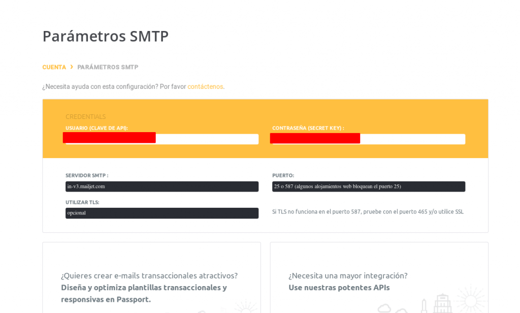 parámetros smtp necesarios, básicamente es la cuenta, contraseña y dirección del servidor smtp.