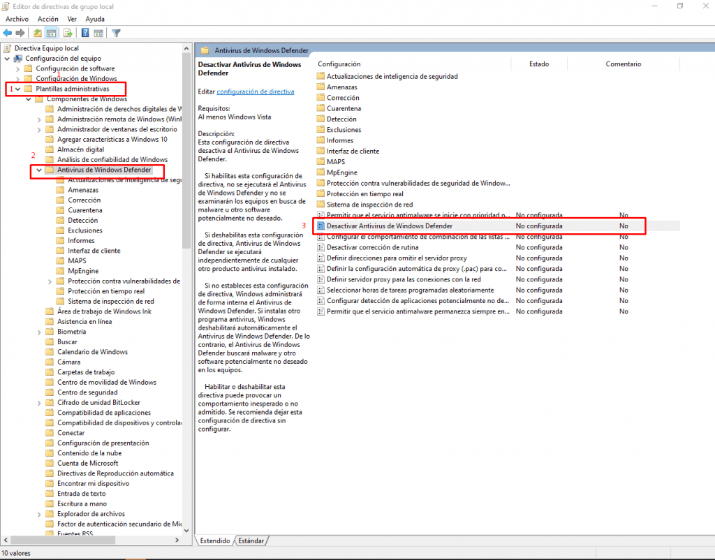 Desactivar Windows Defender - Editor de direcciones de grupo local